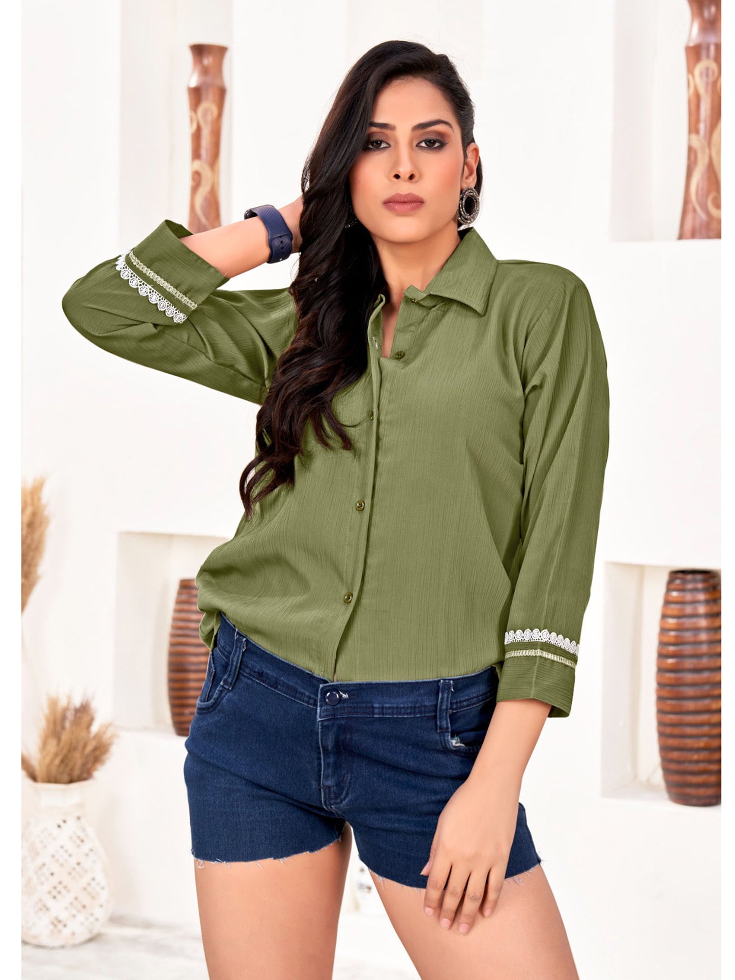 Olive Green Classic Cotton Shirts for Women – Stylish & Professional Office Wear