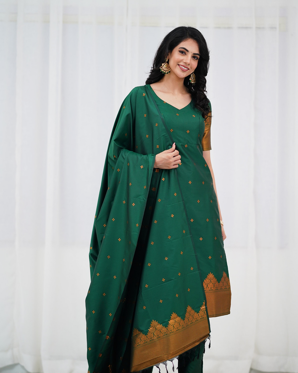 Emerald Green Silk Kurti Set with Zari Dupatta