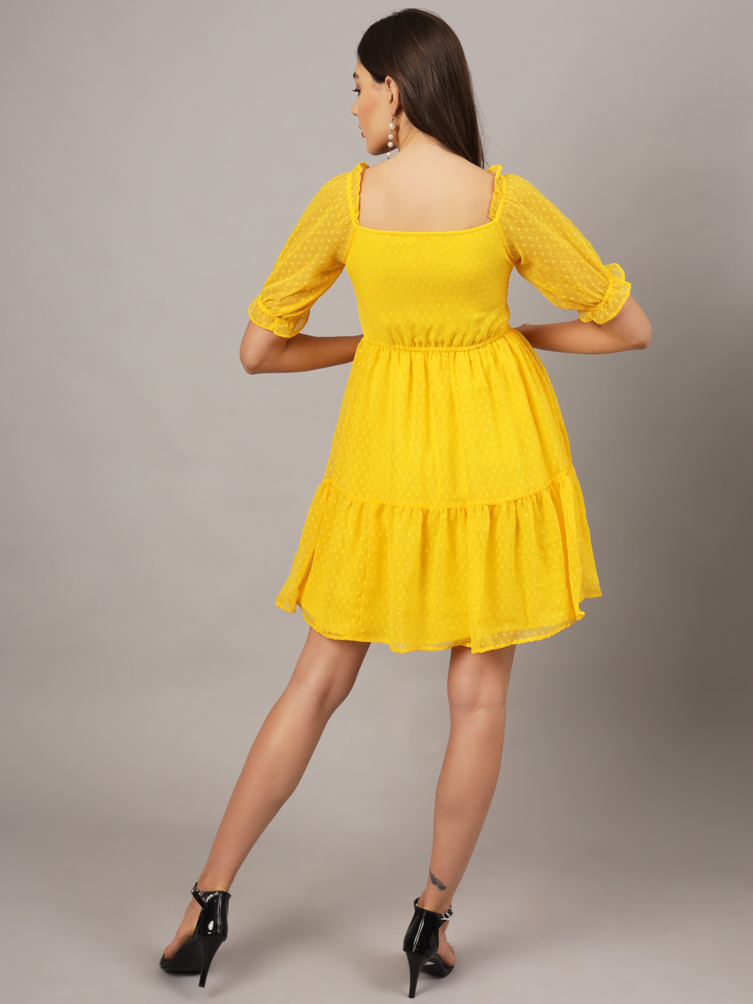 Yellow 2-Tier Fit & Flare Midi Dress with Puff Sleeve & Pockets