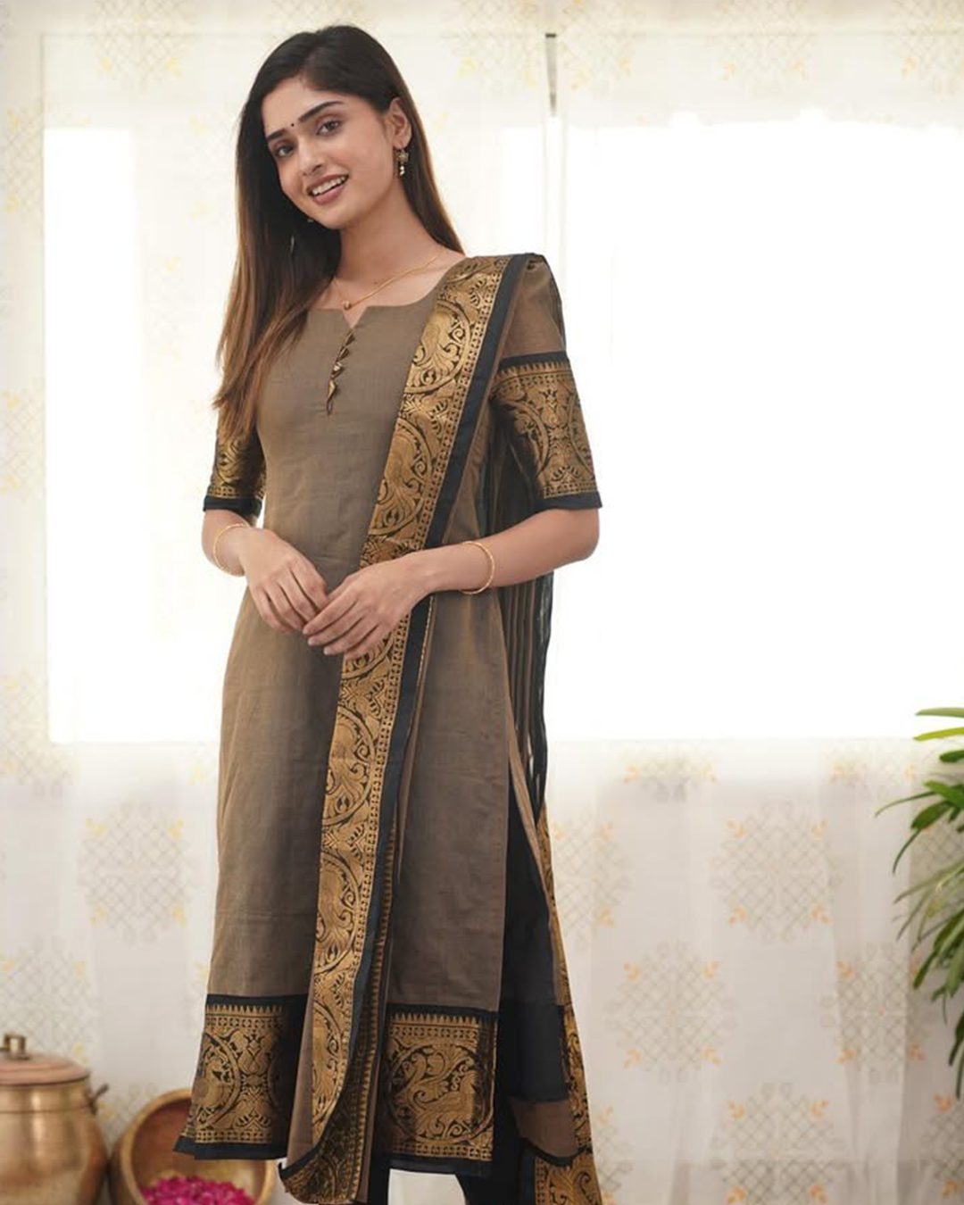 Brown Kanchi Cotton Kurti with Golden Woven Dupatta