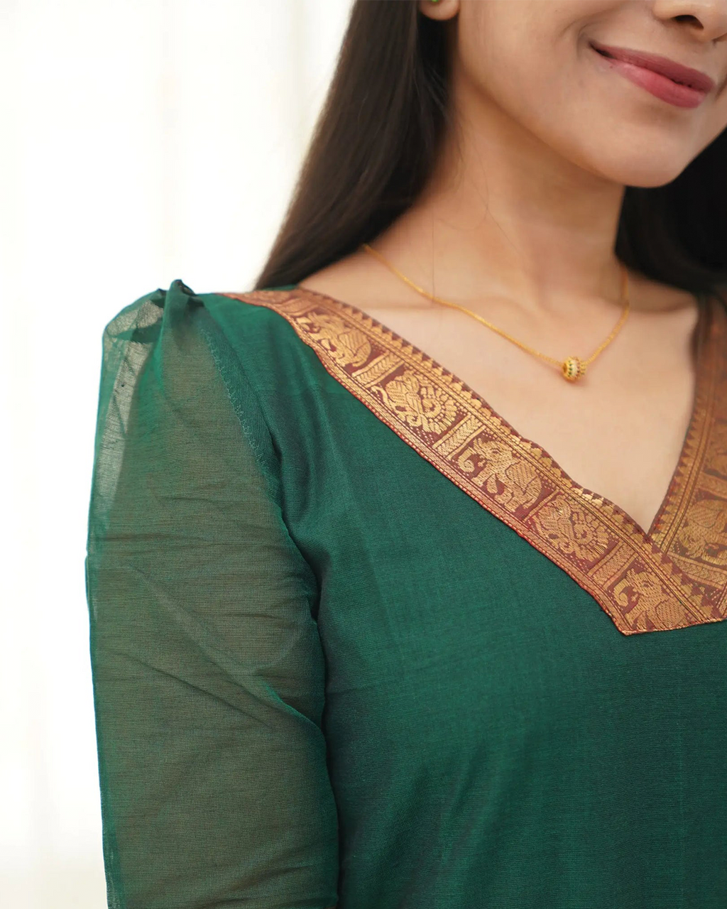 Bottle Green Kanchi Cotton Kurti with Golden Dupatta