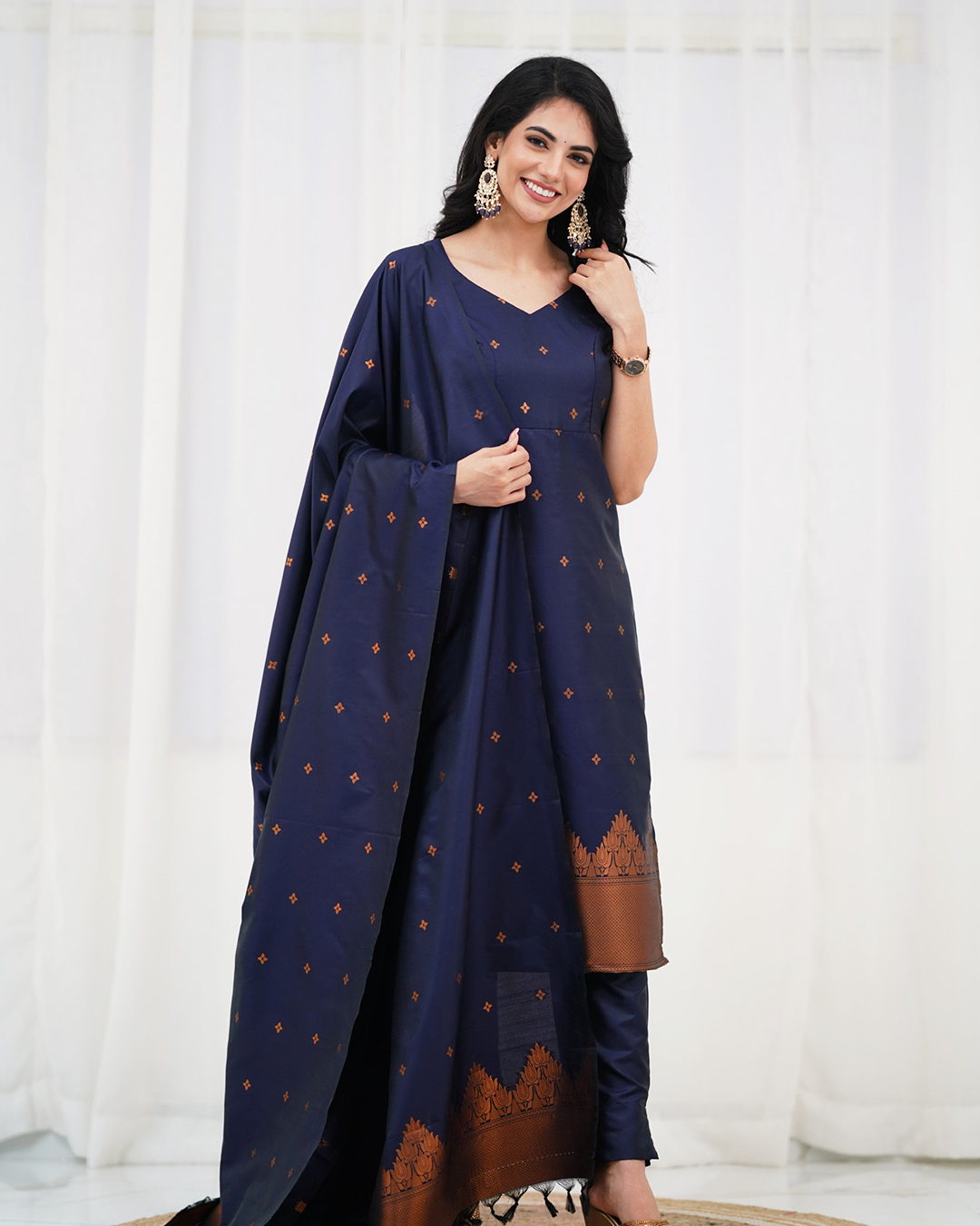 Midnight Blue Silk Kurti Set with Zari Dupatta