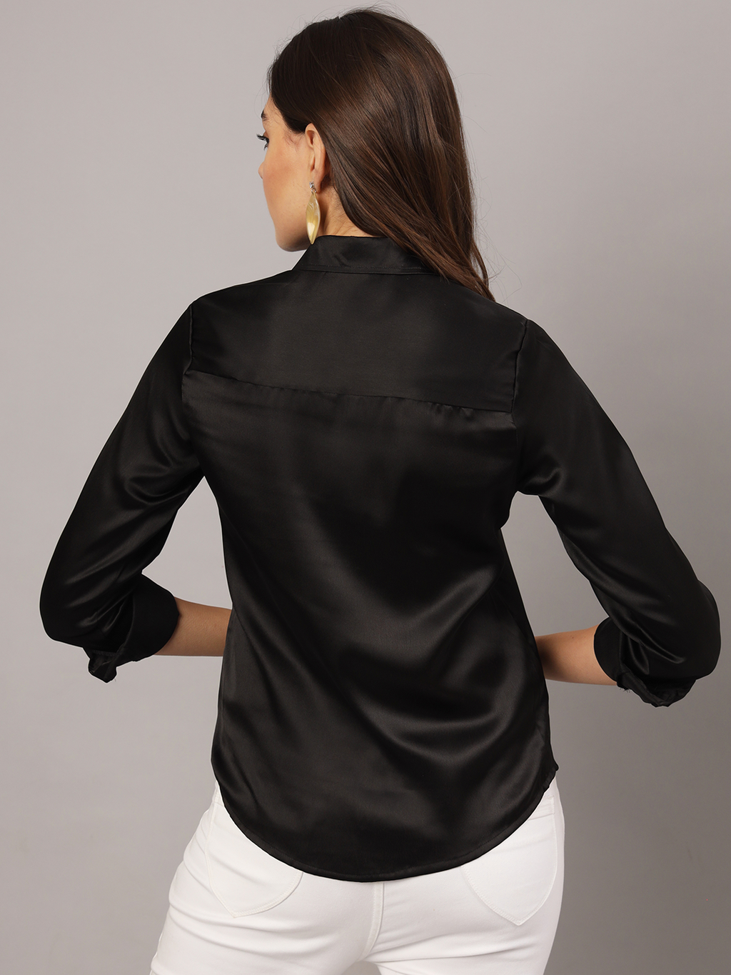 Black Satin Regular Fit Shirt with Cuffed Sleeve & Double Yoke