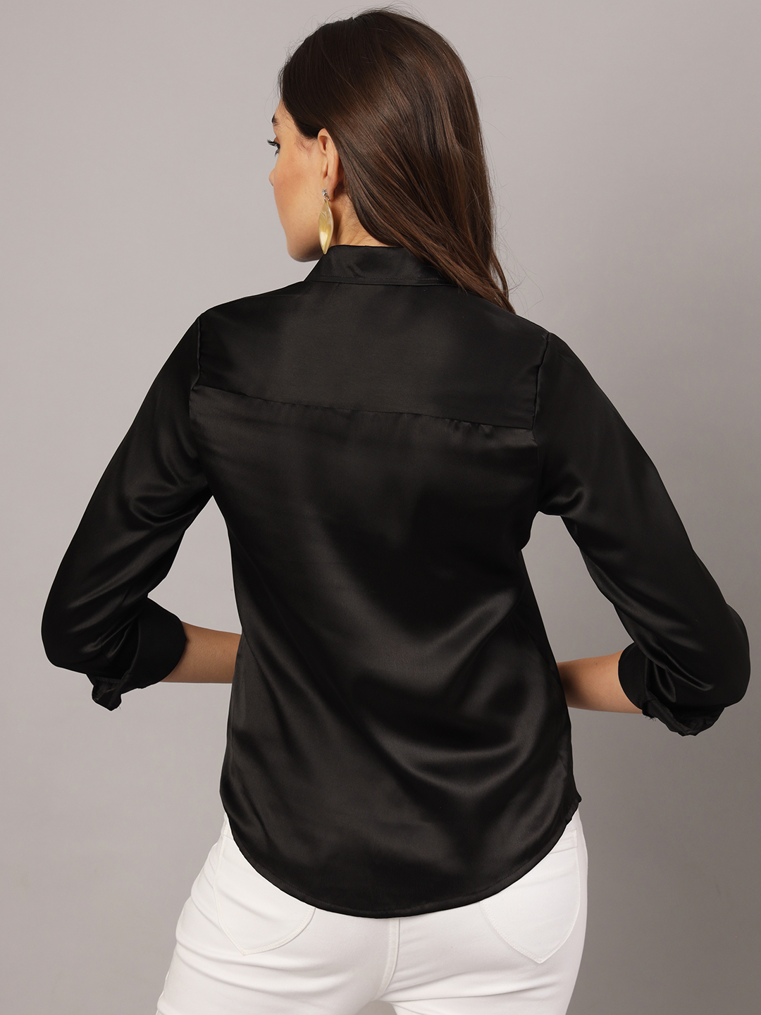 Black Satin Regular Fit Shirt with Cuffed Sleeve & Double Yoke