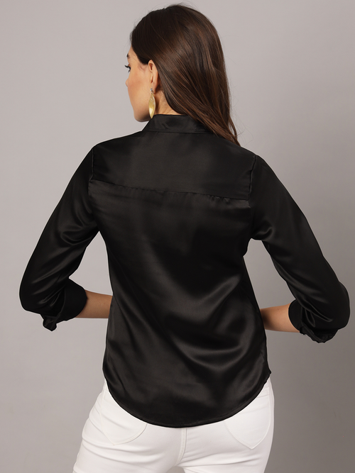 Black Satin Regular Fit Shirt with Cuffed Sleeve & Double Yoke