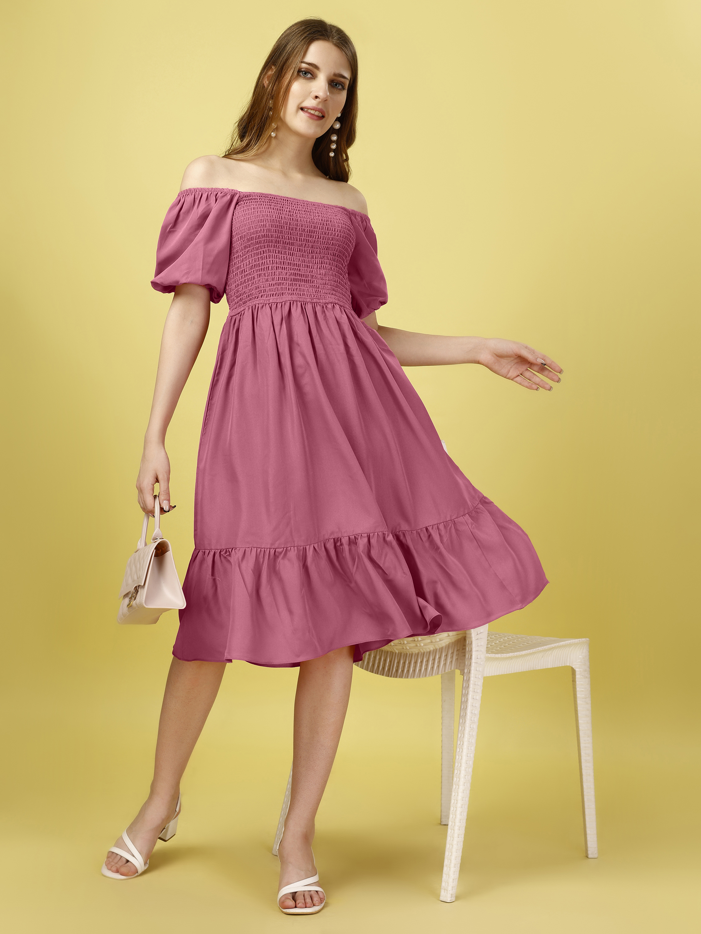 Pink Off-Shoulder Puff Sleeve Fit & Flare Midi Dress