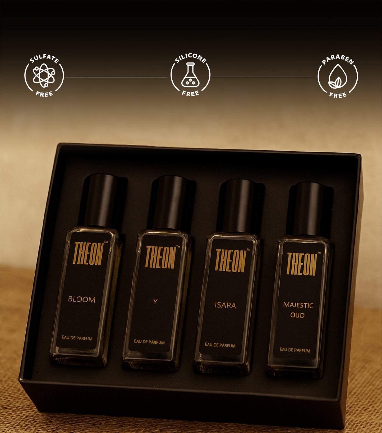 Theon Perfume Discovery Set (4x20ml) | Bloom, Ishara, Y, Majestic oud | Unisex Eau de Parfum | Luxury, Long Lasting, Travel-Friendly Premium Fragrance Scent