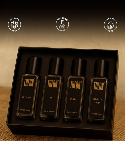 Theon Perfume Discovery Set (4x20ml) | Bloom, Ishara, Y, Majestic oud | Unisex Eau de Parfum | Luxury, Long Lasting, Travel-Friendly Premium Fragrance Scent