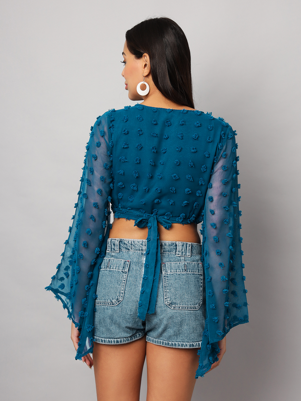 Teal Blue Wrap Around Top with Pom Pom & Bell Sleeve