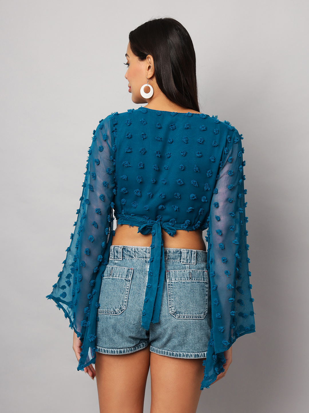 Teal Blue Wrap Around Top with Pom Pom & Bell Sleeve