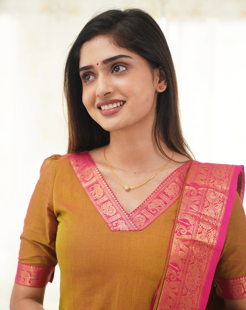 Mustard Yellow Kanchi Cotton Kurti with Pink Dupatta