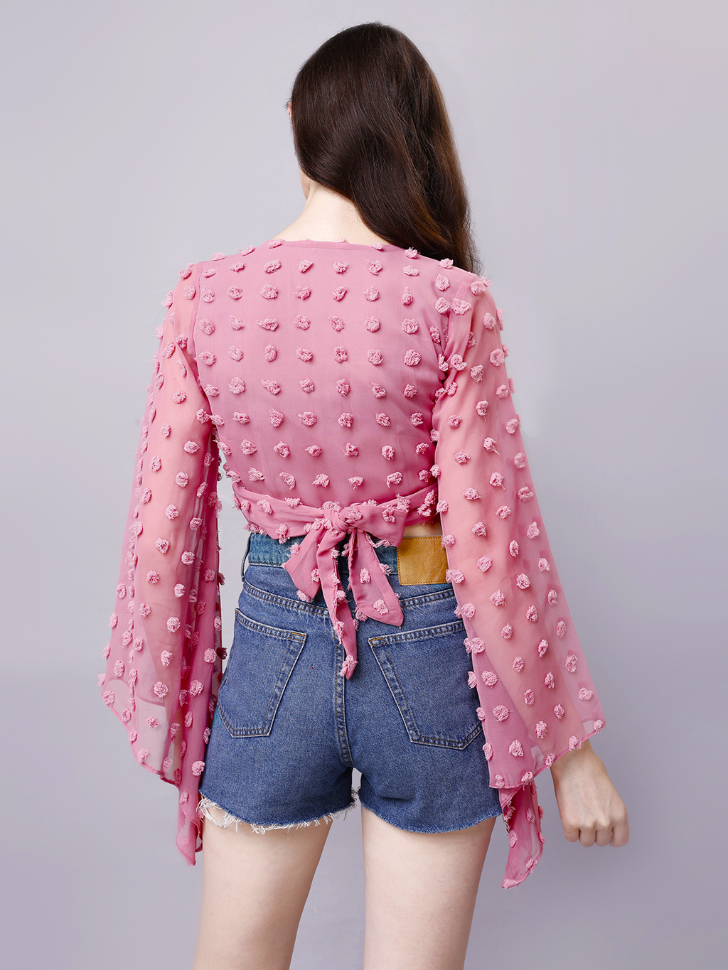 Pink Wrap Around Top with Pom Pom & Bell Sleeve