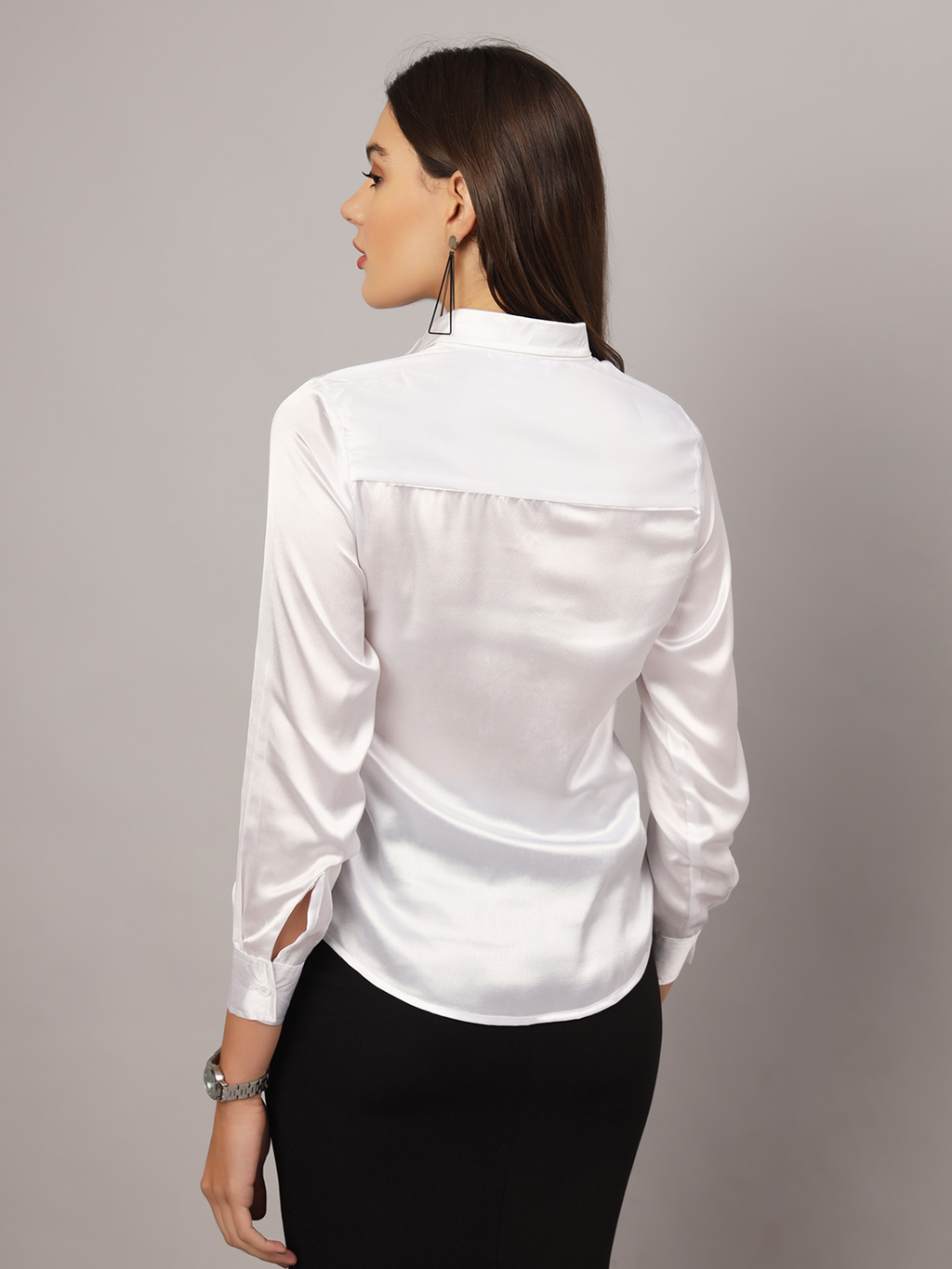 White Satin Regular Fit Shirt with Cuffed Sleeve & Double Yoke