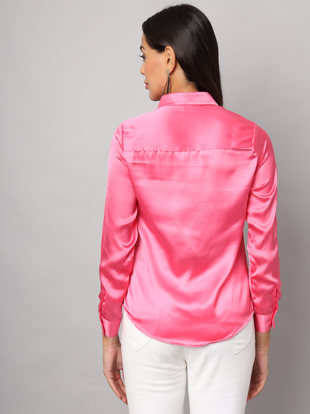 Pink Satin Regular Fit Shirt with Cuffed Sleeve & Double Yoke