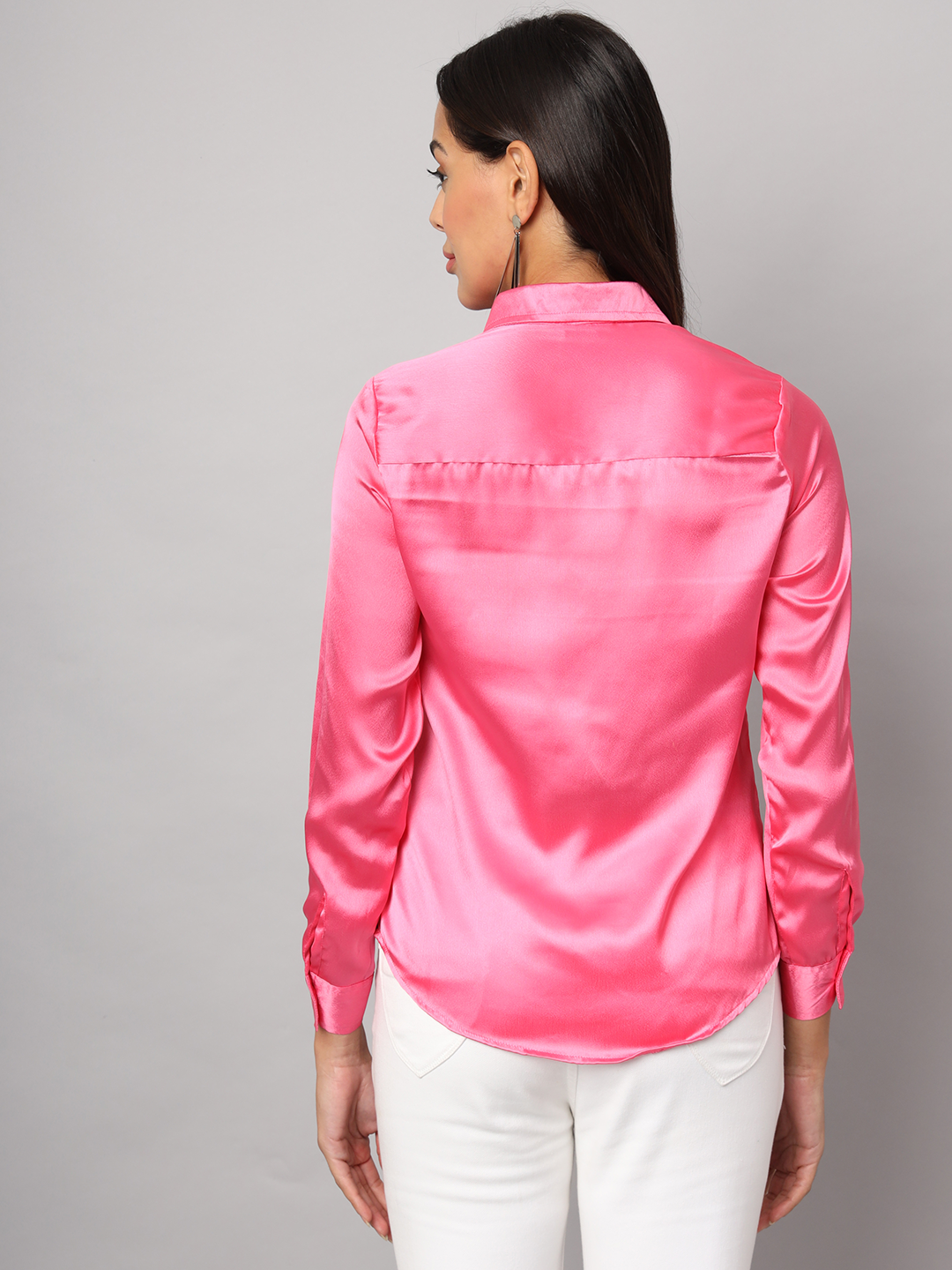 Pink Satin Regular Fit Shirt with Cuffed Sleeve & Double Yoke