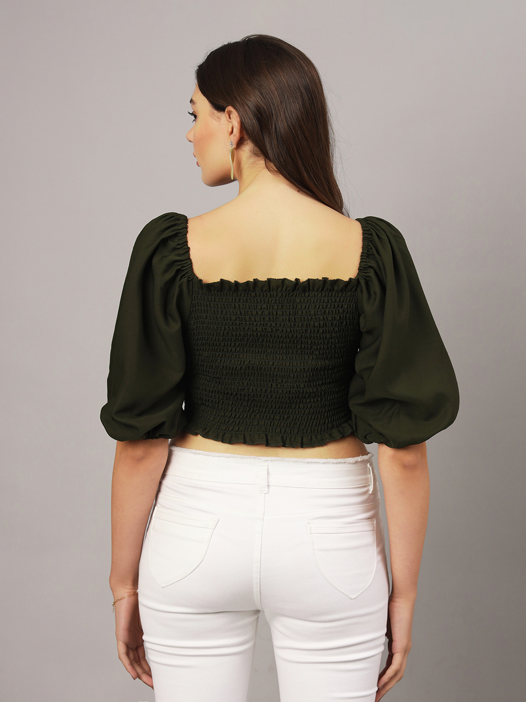Black Crepe Smocked Balloon Sleeve Top | Stylish Peasant Crop Top