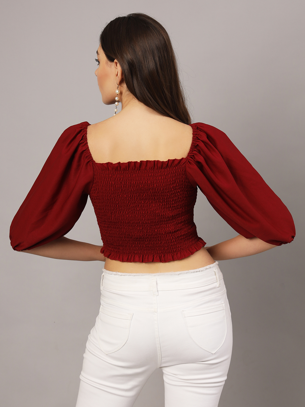 Red Crepe Smocked Balloon Sleeve Top | Stylish Peasant Crop Top