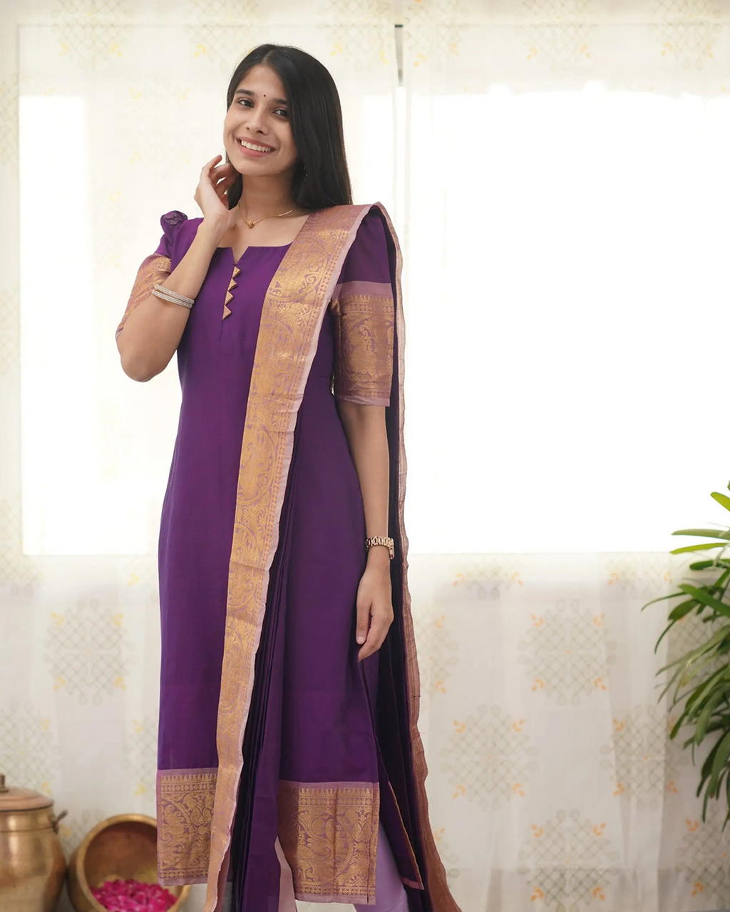Purple Kanchi Cotton Kurti with Golden Dupatta