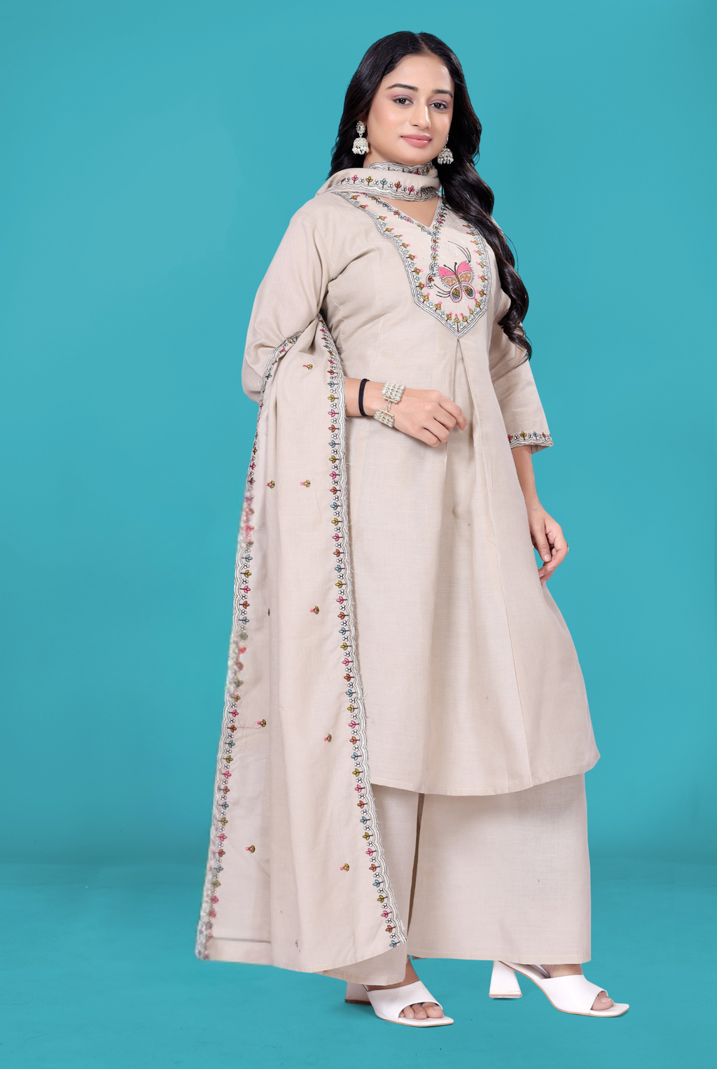 Butterfly Cotton Blend Embroidered Suit Set with Dupatta | Butterfly Design Kurta Set | PC Cotton