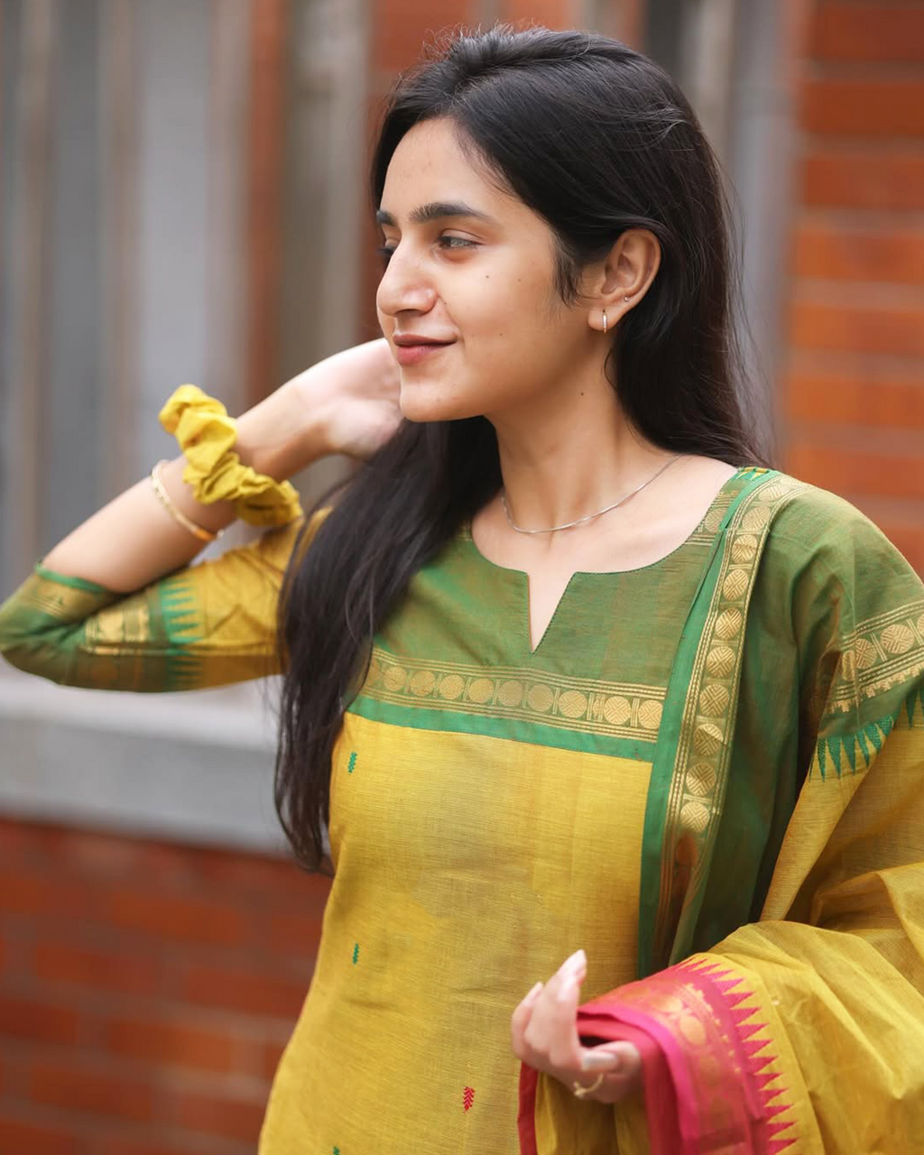 Yellow Kanchi Cotton Kurti with Red Dupatta