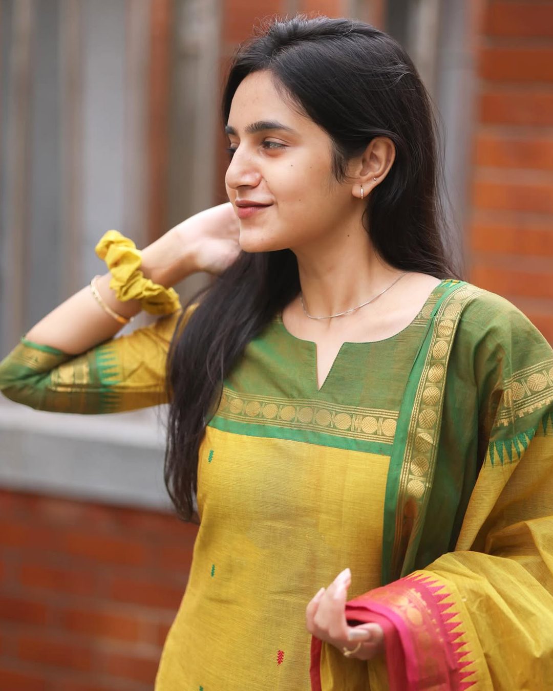 Yellow Kanchi Cotton Kurti with Red Dupatta