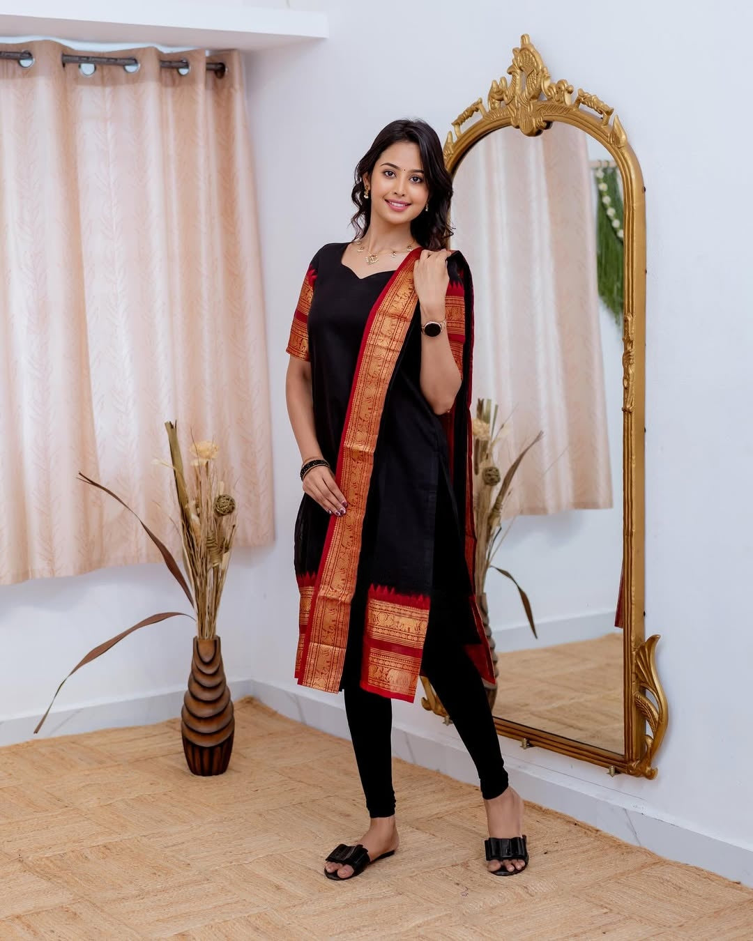 Black Kanchi Cotton Kurti with Dupatta