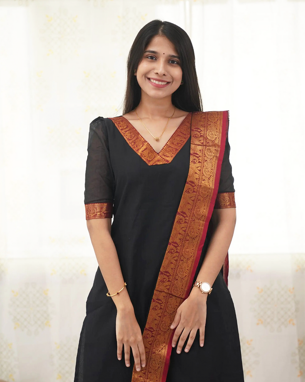 Black Kanchi Cotton Kurti with Golden Dupatta