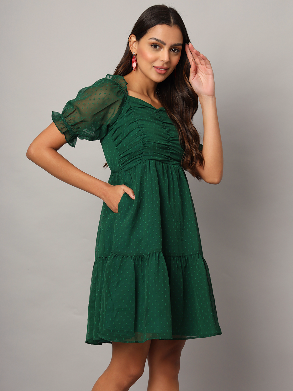 Green 2-Tier Fit & Flare Midi Dress with Puff Sleeve & Pockets