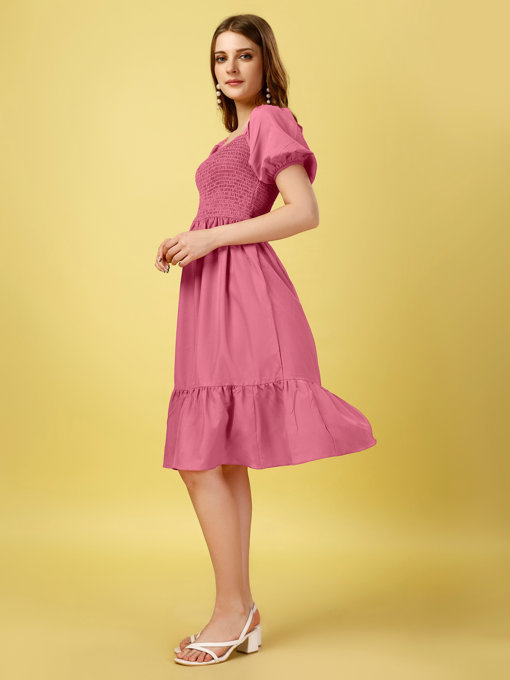 Pink Off-Shoulder Puff Sleeve Fit & Flare Midi Dress