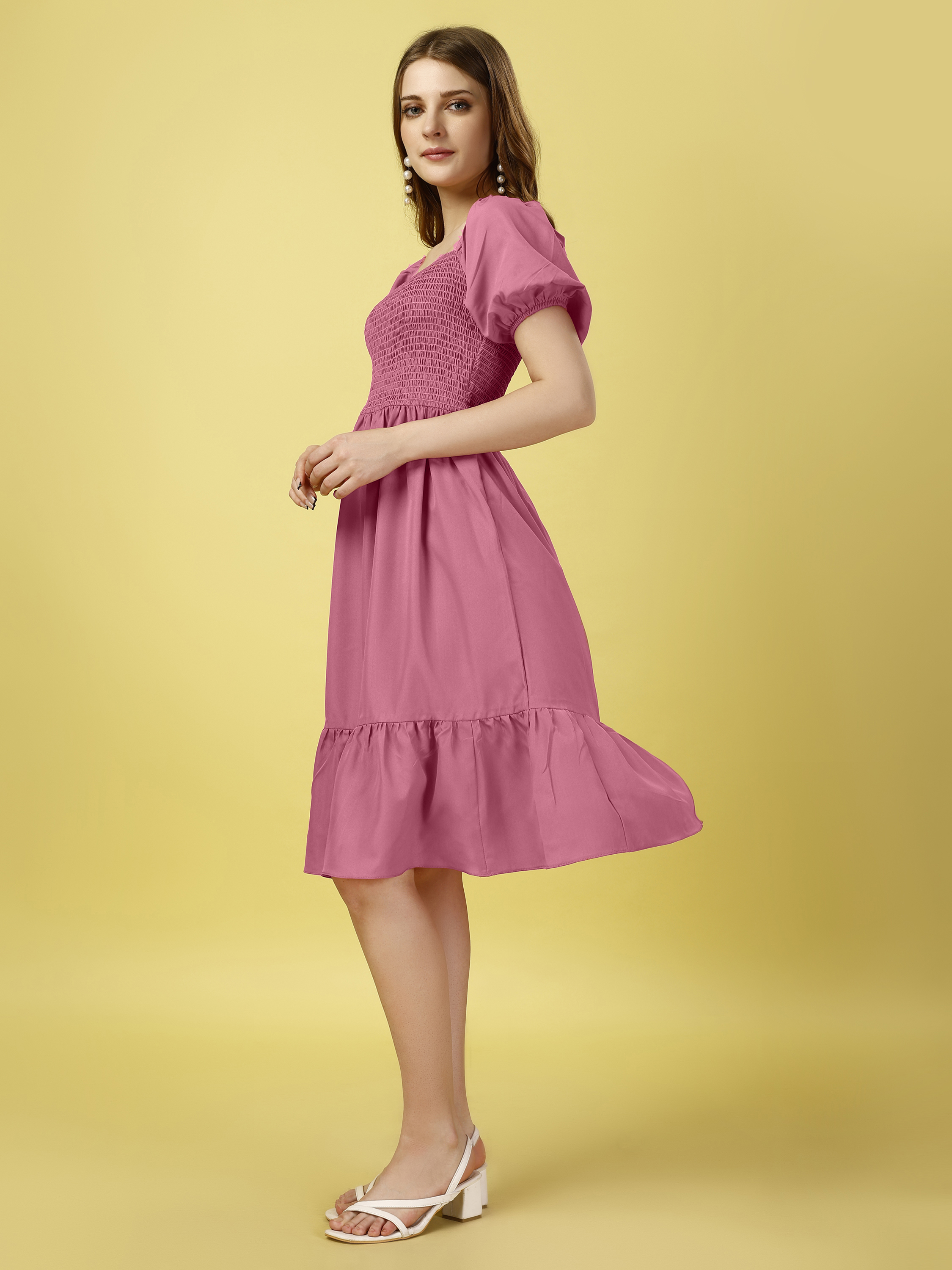 Pink Off-Shoulder Puff Sleeve Fit & Flare Midi Dress