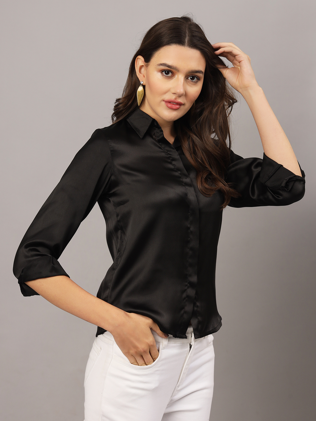 Black Satin Regular Fit Shirt with Cuffed Sleeve & Double Yoke
