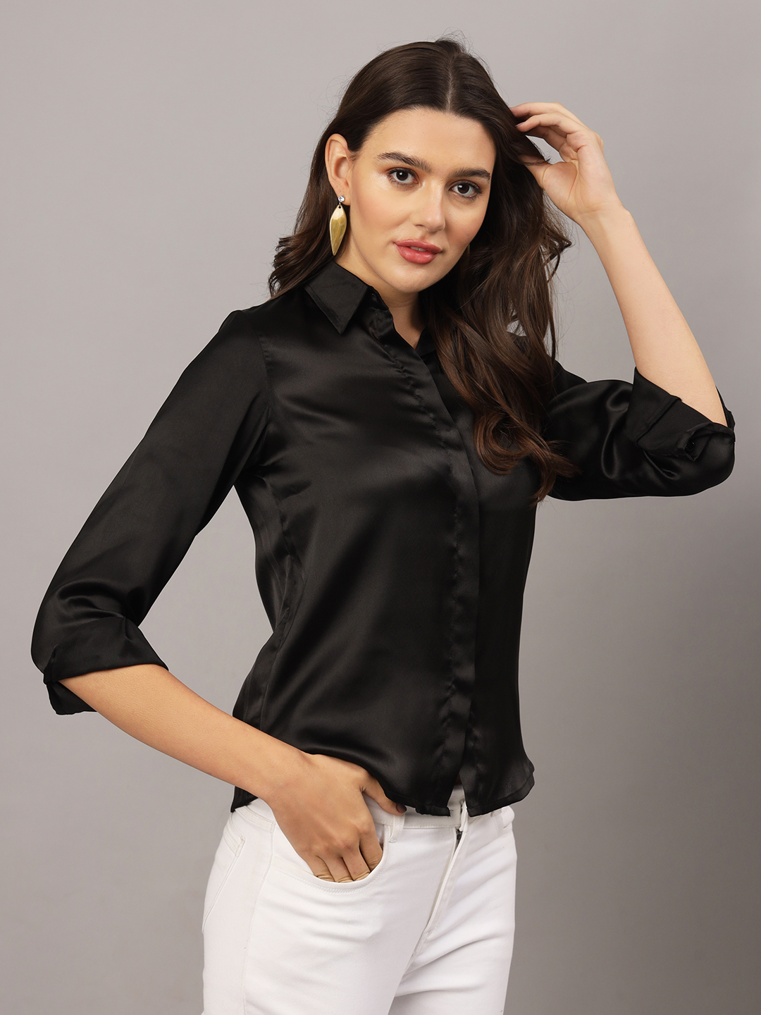 Black Satin Regular Fit Shirt with Cuffed Sleeve & Double Yoke