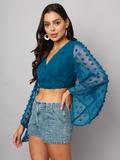Teal Blue Wrap Around Top with Pom Pom & Bell Sleeve
