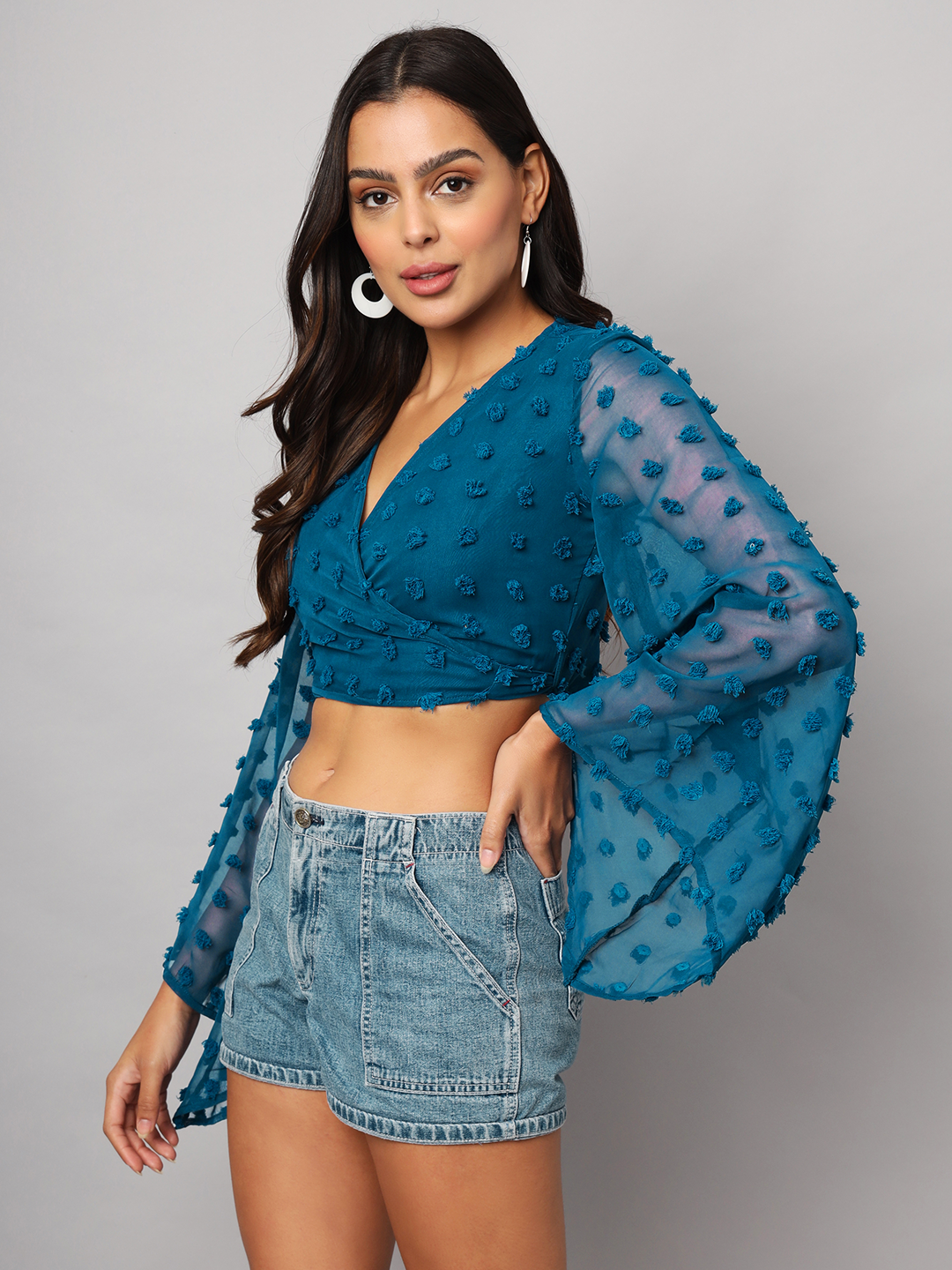 Teal Blue Wrap Around Top with Pom Pom & Bell Sleeve