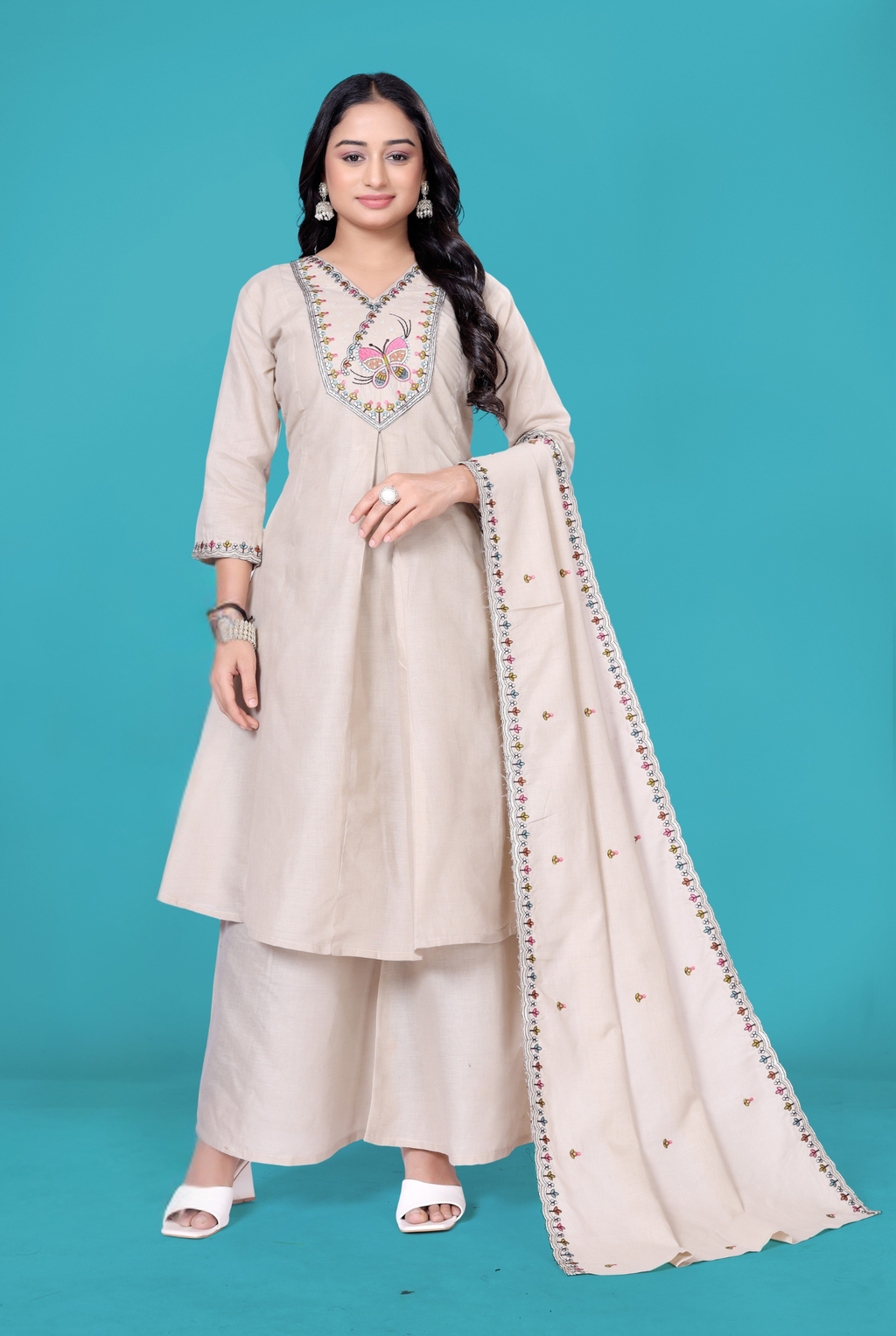 Butterfly Cotton Blend Embroidered Suit Set with Dupatta | Butterfly Design Kurta Set | PC Cotton