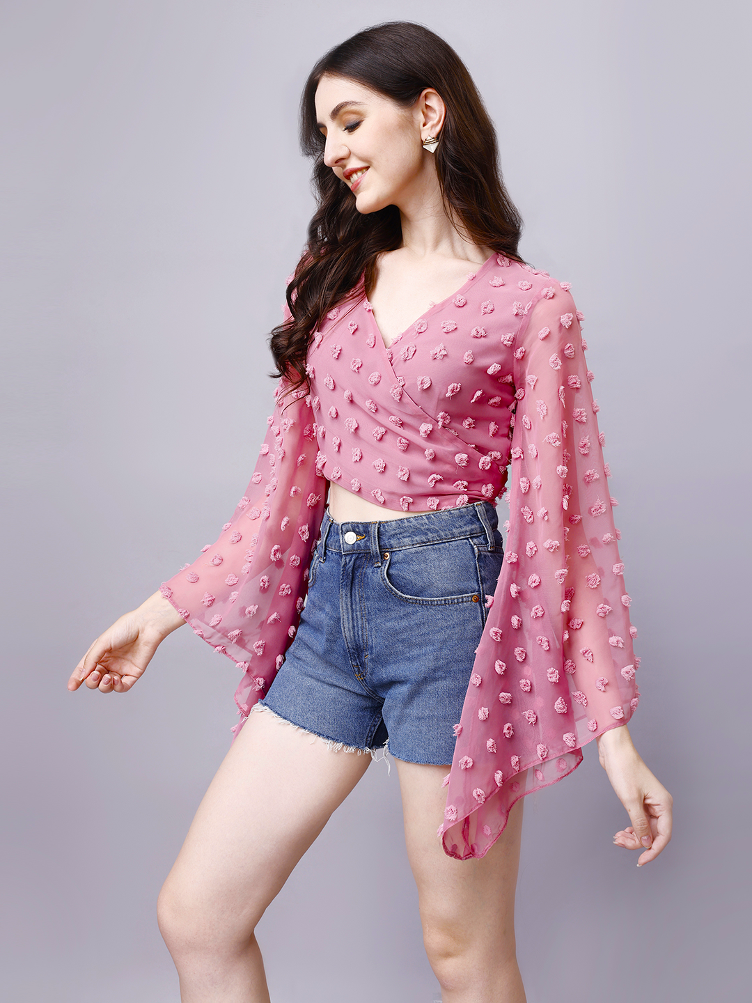 Pink Wrap Around Top with Pom Pom & Bell Sleeve