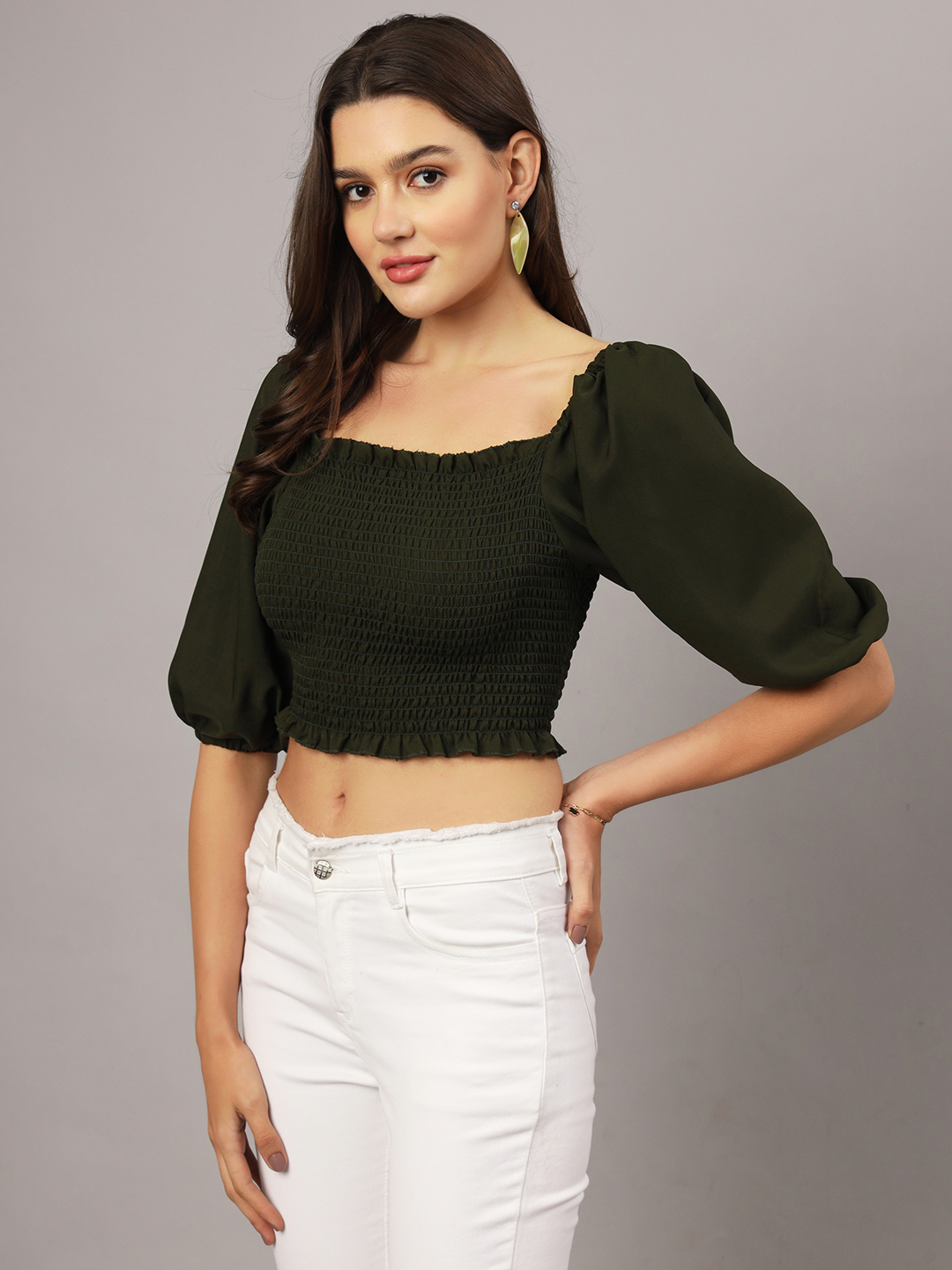 Black Crepe Smocked Balloon Sleeve Top | Stylish Peasant Crop Top