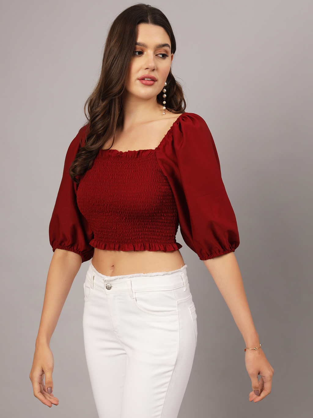 Red Crepe Smocked Balloon Sleeve Top | Stylish Peasant Crop Top