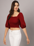 Red Crepe Smocked Balloon Sleeve Top | Stylish Peasant Crop Top