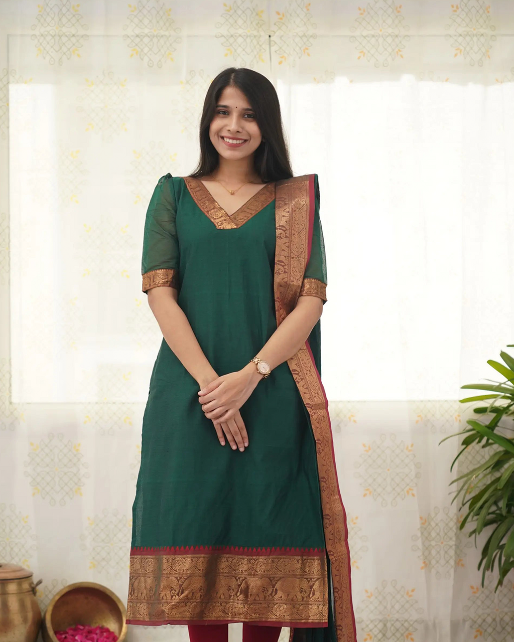 Bottle Green Kanchi Cotton Kurti with Golden Dupatta
