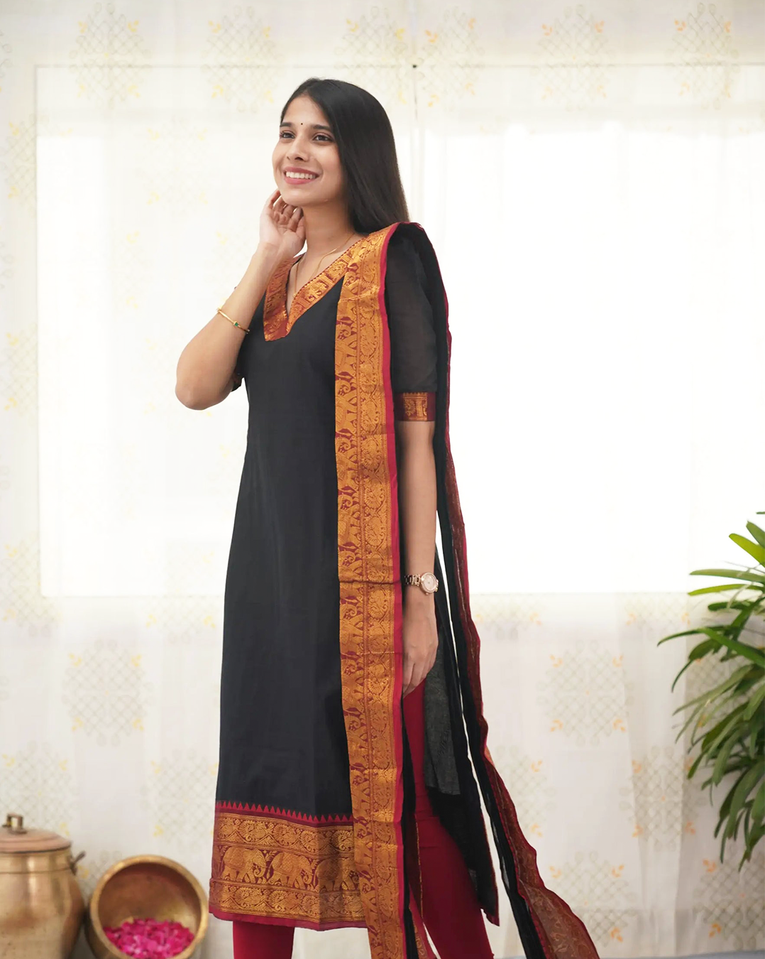 Black Kanchi Cotton Kurti with Golden Dupatta