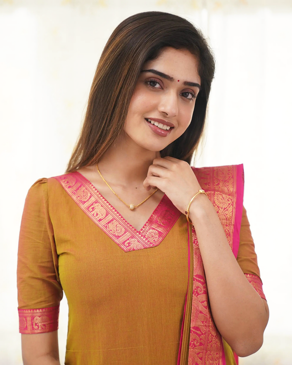 Mustard Yellow Kanchi Cotton Kurti with Pink Dupatta