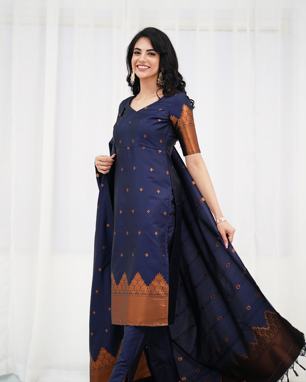 Midnight Blue Silk Kurti Set with Zari Dupatta