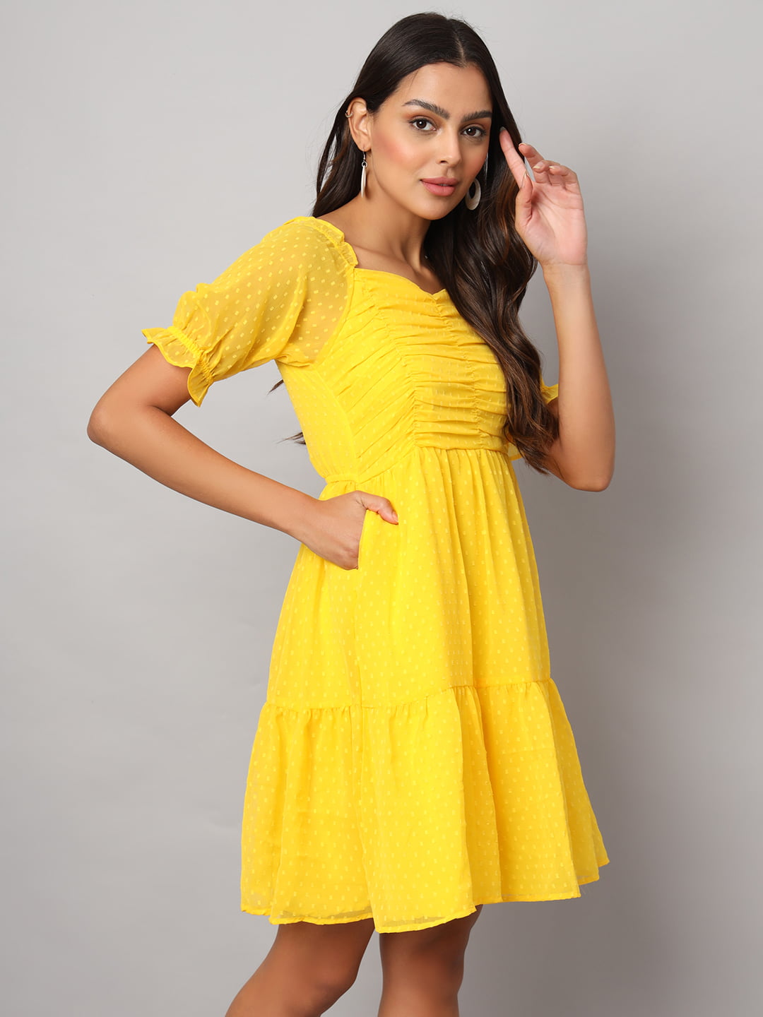 Yellow 2-Tier Fit & Flare Midi Dress with Puff Sleeve & Pockets