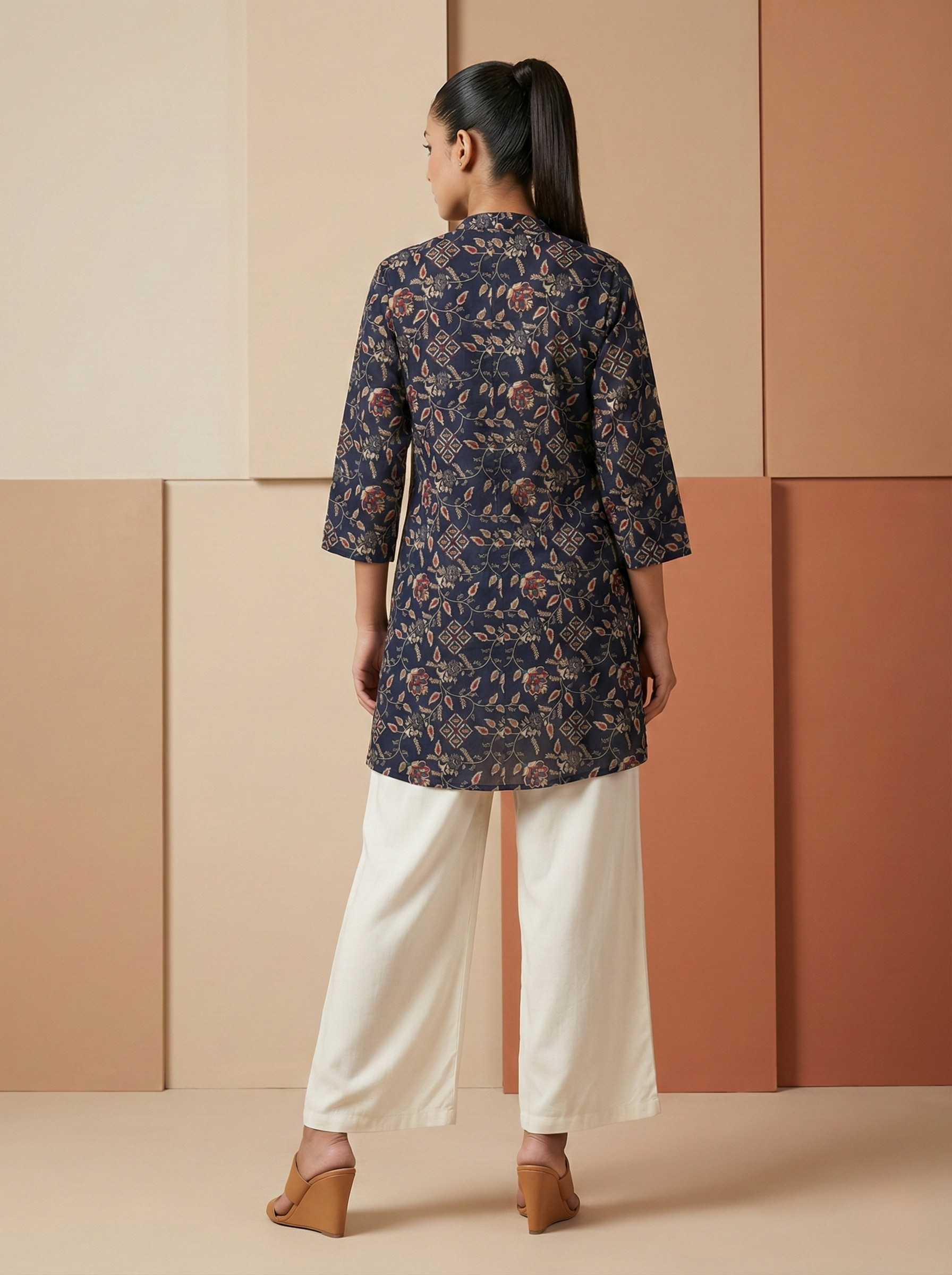 Kinjal Blue Floral Printed Poly Rayon Kurti Top | Stylish Casual & Office Wear Top