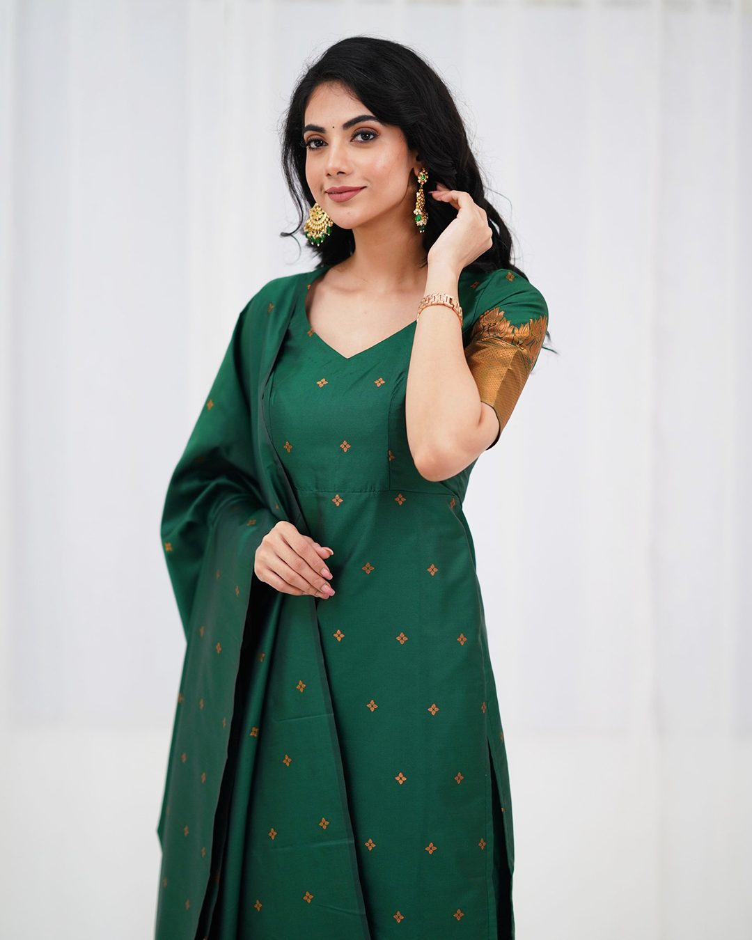 Emerald Green Silk Kurti Set with Zari Dupatta