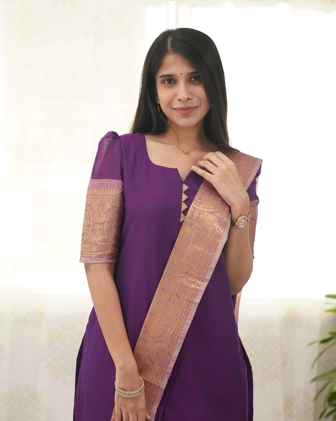 Purple Kanchi Cotton Kurti with Golden Dupatta