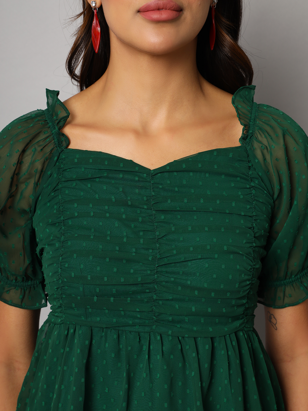 Green 2-Tier Fit & Flare Midi Dress with Puff Sleeve & Pockets