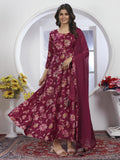 Elegant Wine Berry Printed Long Kurti with Dupatta – Stylish & Comfortable