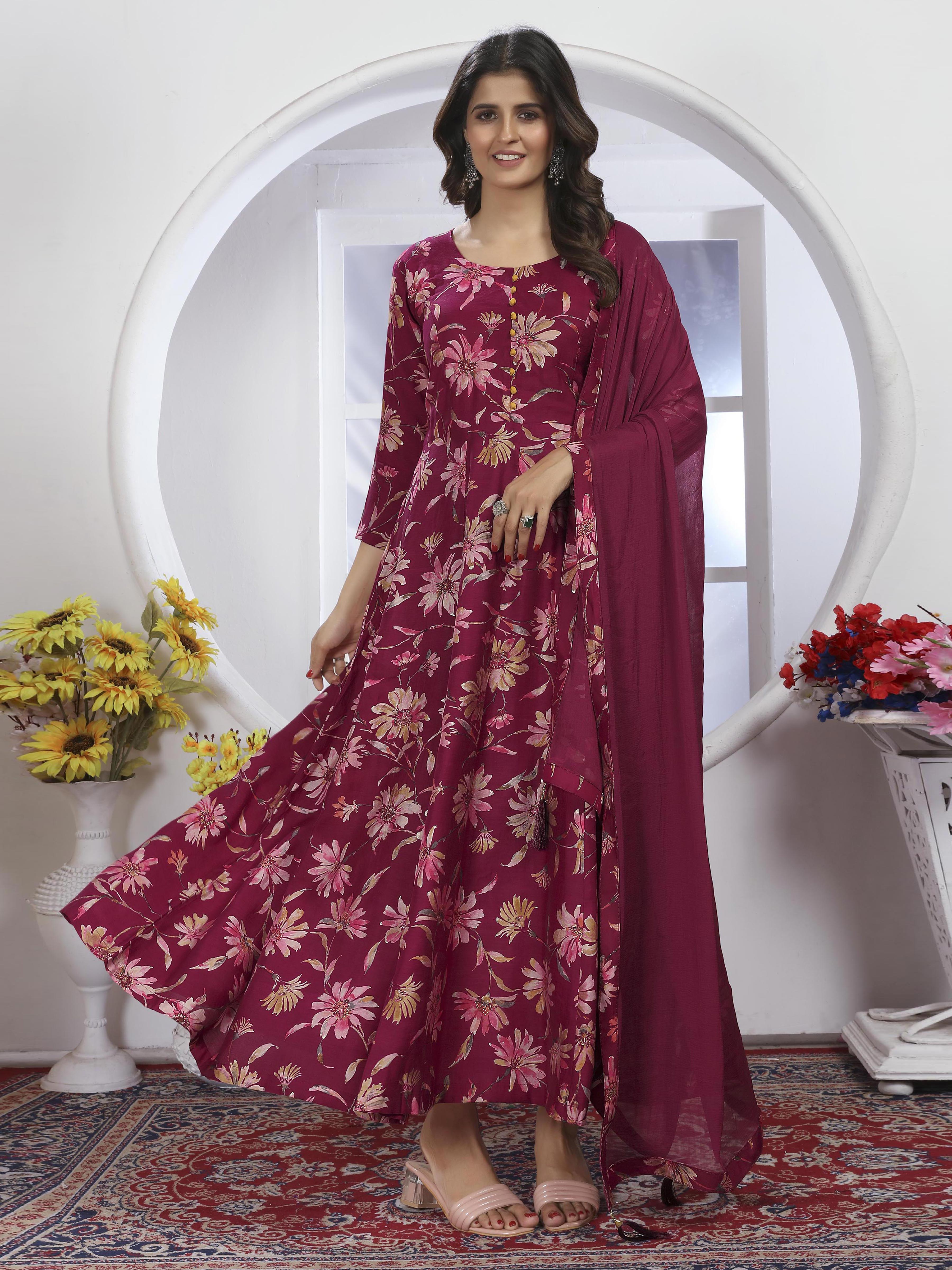 Elegant Wine Berry Printed Long Kurti with Dupatta – Stylish & Comfortable